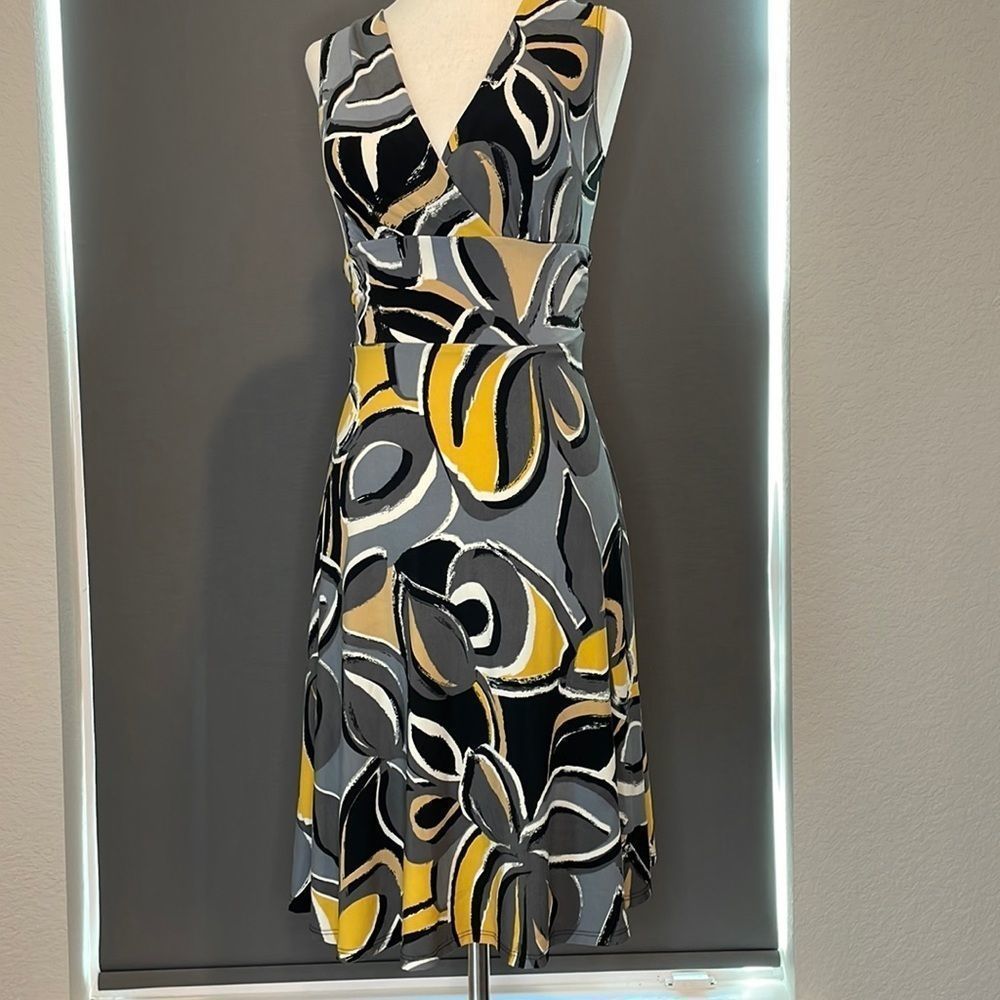 Alyn Paige Black, Gray & Mustard Abstract V-Neck Dress
